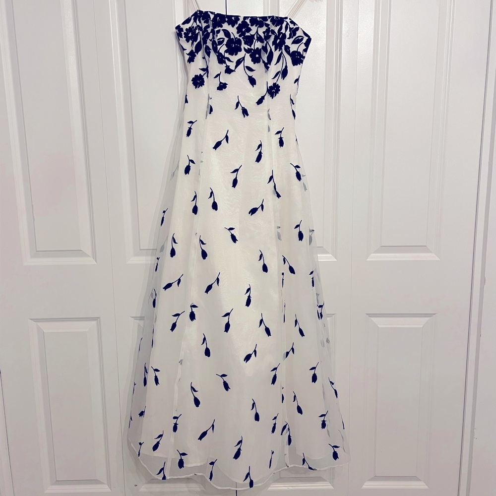 White and black floral ball gown dress